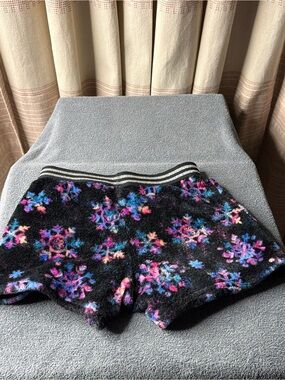 More Than Magic Black Fuzzy Floral Pajama Shorts with Multicolor Snowflake Print